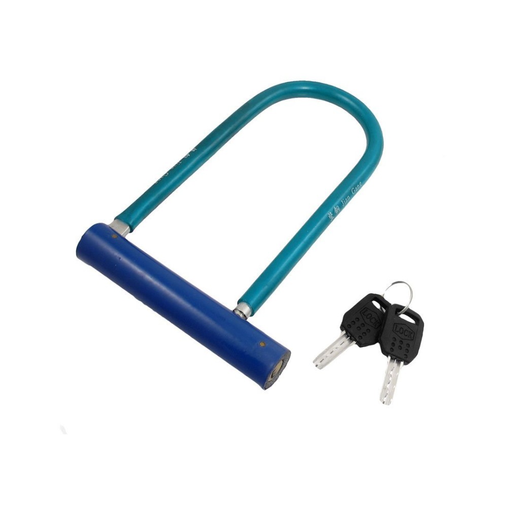 blue alloy lock with two keys